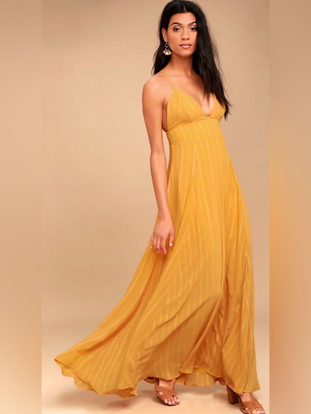 Lulus Mustard Yellow Striped Maxi Dress Womens Small Cross Back Sleeveless